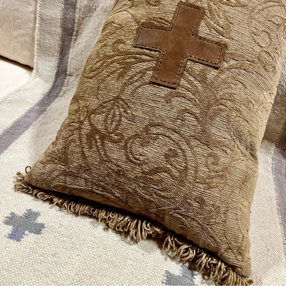 Soft Damask Chenille Decorative Pillow with Leather Cross and Fringe - Picture 6 of 8